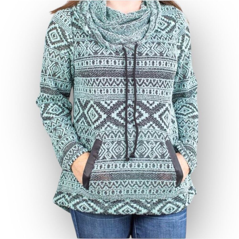 One World Cowl Neck Pattern Pullover Tunic Sweatshirt Turquoise, Women’s Medium